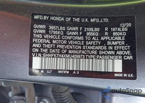 2021 Honda Civic Sport из США, поврежденный, VIN SHHFK7H4XMU409973